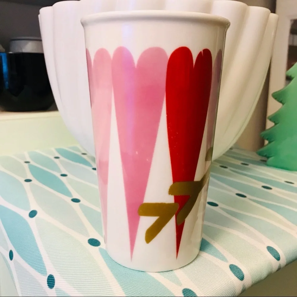 Starbucks 2017 Valentines Day Tall Mug Hearts Arrow red pink purple gold 16oz